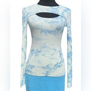 Blue Tie Dye Cutout Top Size S Y2K Fitted Ribbed Long Sleeve Going Out